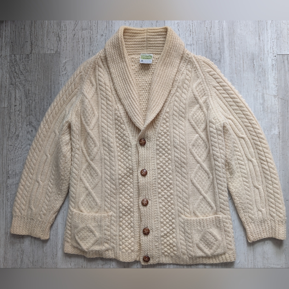 Unisex/Vintage- Kennedy of Ardara Cream Shawl Collar Cardigan/ 100% Pure Wool- S